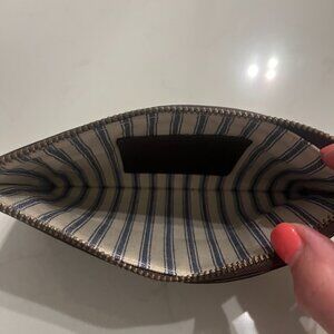 Coach British Tan Leather Zip Top Stripe Cotton Lined Cosmetic Bag 7.25” x 3.75”